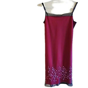 Vintage Cherry Blossom Mesh Overlay Dress • Red Slip • No Size Tag (Fits 2/XS–S)